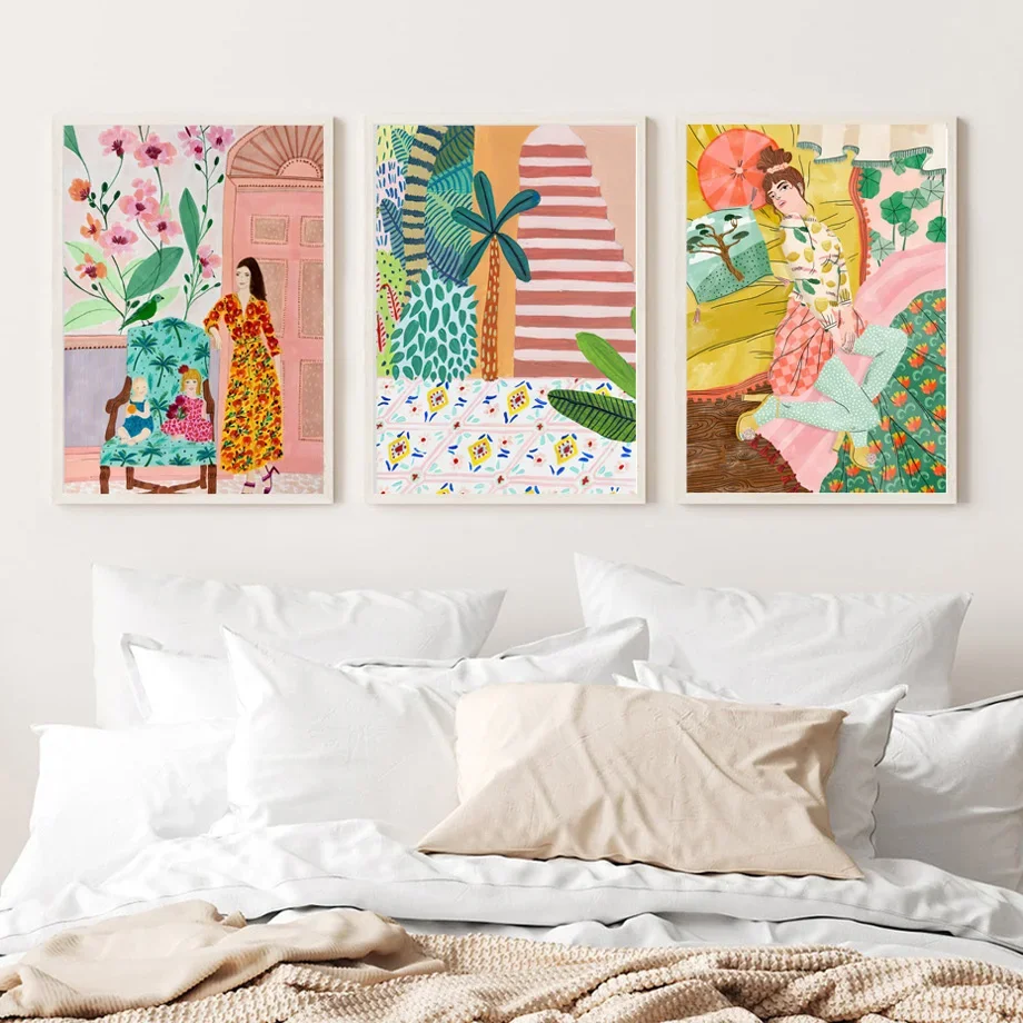 Модная девушка тропический цветок ваза фрукты Марокко настенная Картина на