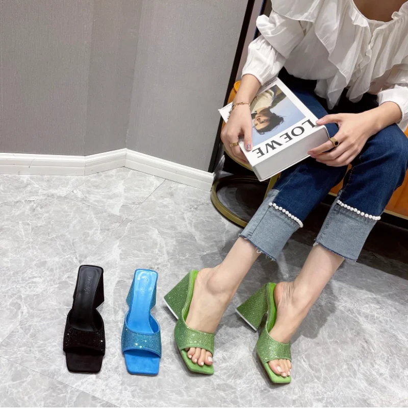 New Summer Triangle Thick Heel Slippers Sexy Street Woman Square Toes Dress Party Shoes Size 35-41 Slippers Women Women Shoes