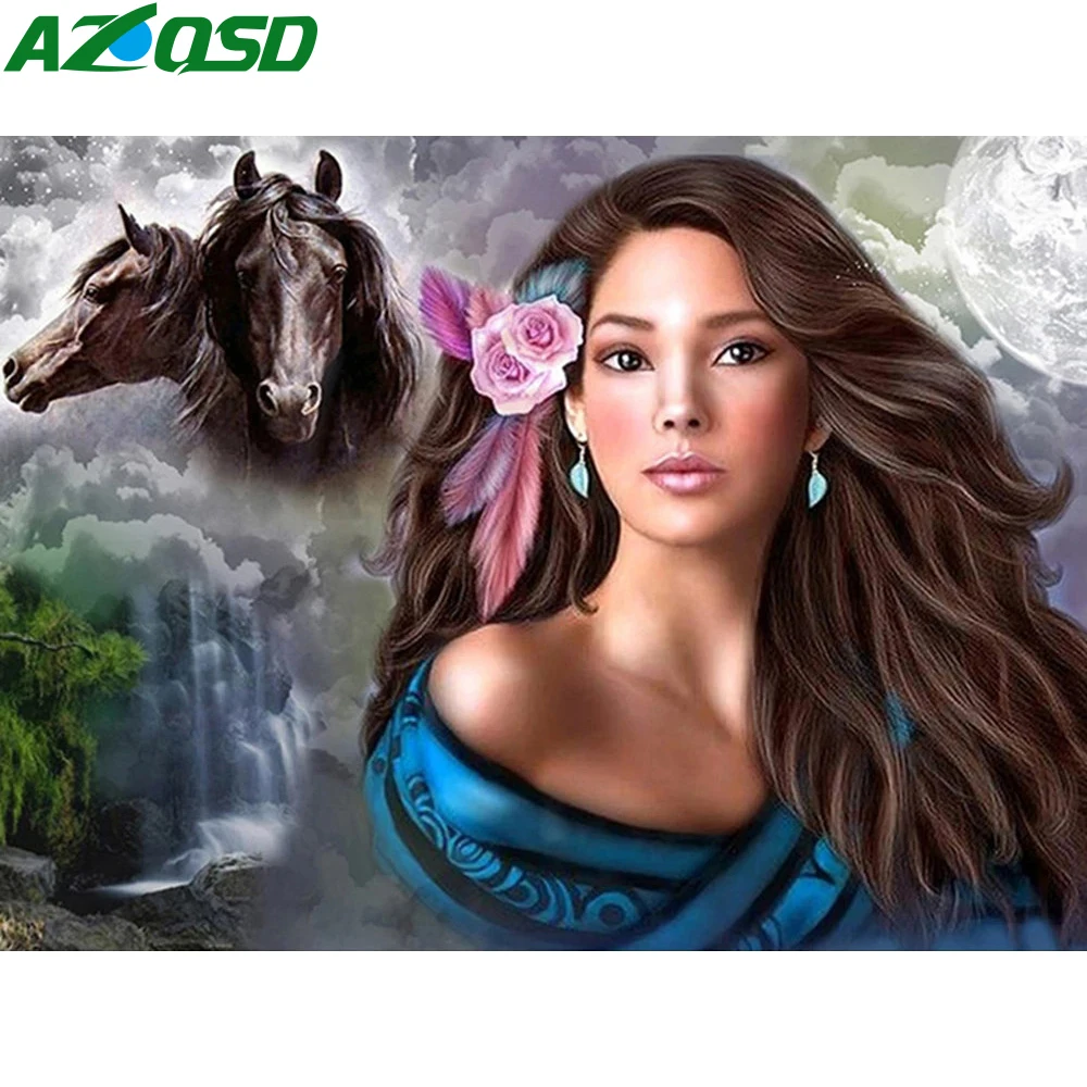 

AZQSD Diamond Painting Girl Horse Portrait Embroidery Animal Woman Home Decor Rhinestones Pictures Handmade 5d Diy Full Kits