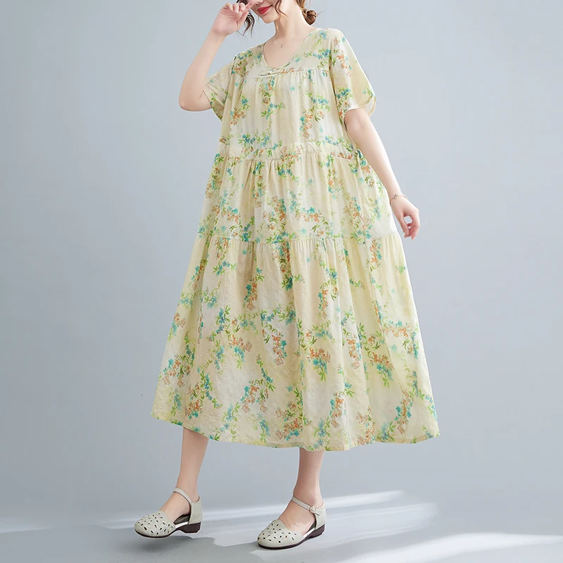 

Новинка 2023, тонкое Мягкое хлопковое льняное свободное уютное летнее платье с цветочным принтом, шикарное уличное повседневное женское платье для путешествий