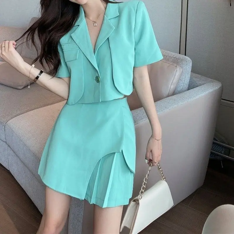 Short Sleeve Sexy Womens Sets Outfit 2023 Suit with Skirt and Blazer Summer Two Piece Set for Women Chic Elegant Korean Style Xs