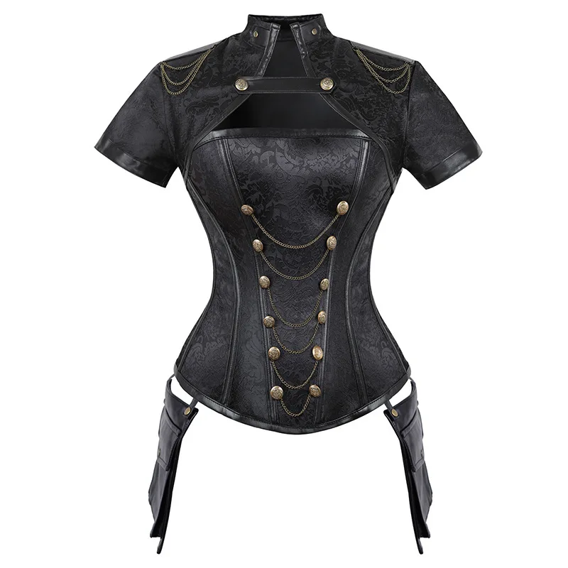 Women's Corset Gothic Steampunk Clothing Spiral Steel Boned Retro Goth Brocade Overbust Corset Top with Jacket and Pockets