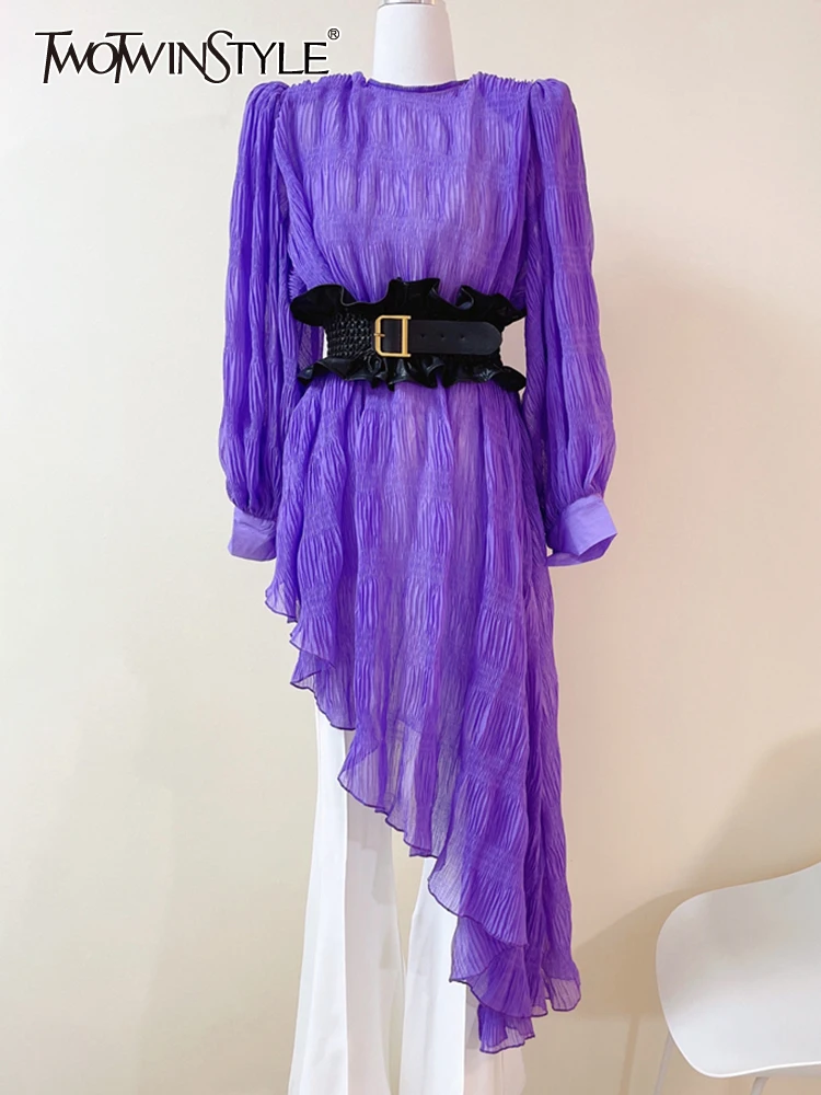 

TWOTWINSTYLE Loose Shirt For Women Round Neck Long Sleeve Ruched Solid Blouses Female Fashion Spring Clothing Style New 2022