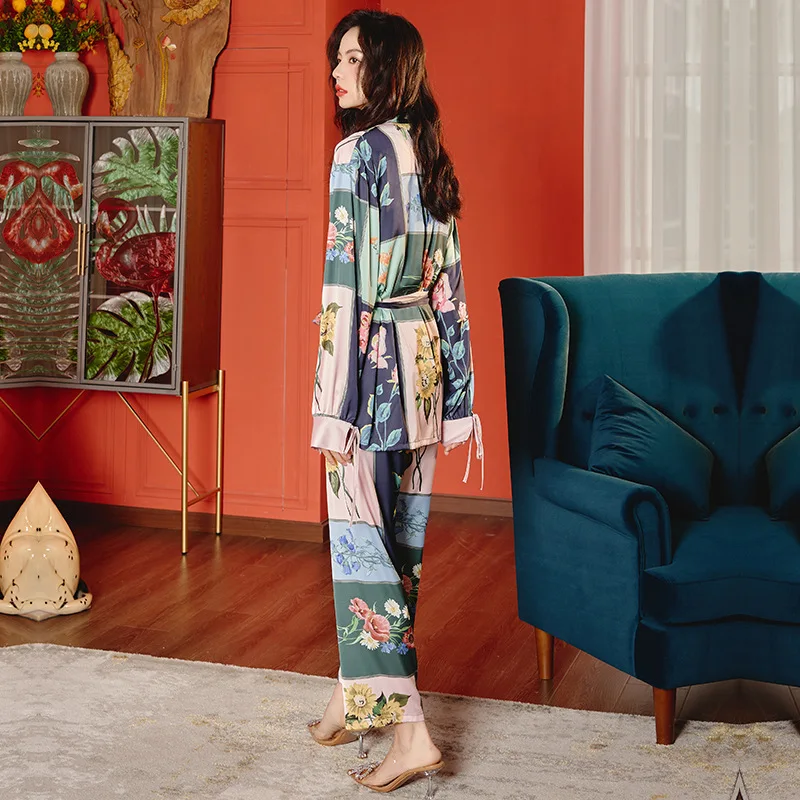 Print Girls Sleepwear Women's Pajamas 3 Pcs Sets with Pants Sling Solid Satin Woman Turn-Down Collar