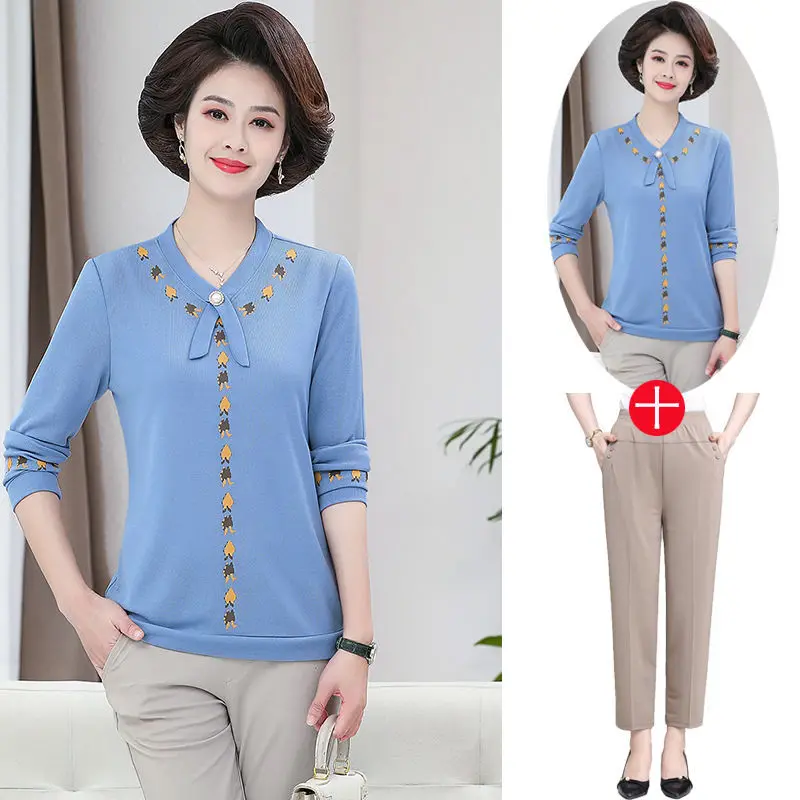 

Spring Autumn Printed 2 Piece Sets Women 5XL V-neck Top + High Waist Pants Suits Korean Casual Clothing Womens Set Femme E259