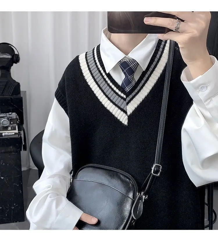 Spring Summer Autumn Solid Patchwork Irregular Stripes Casual Pullover Tess Vest Men Loose Knitted Top Sweater Gentle Students