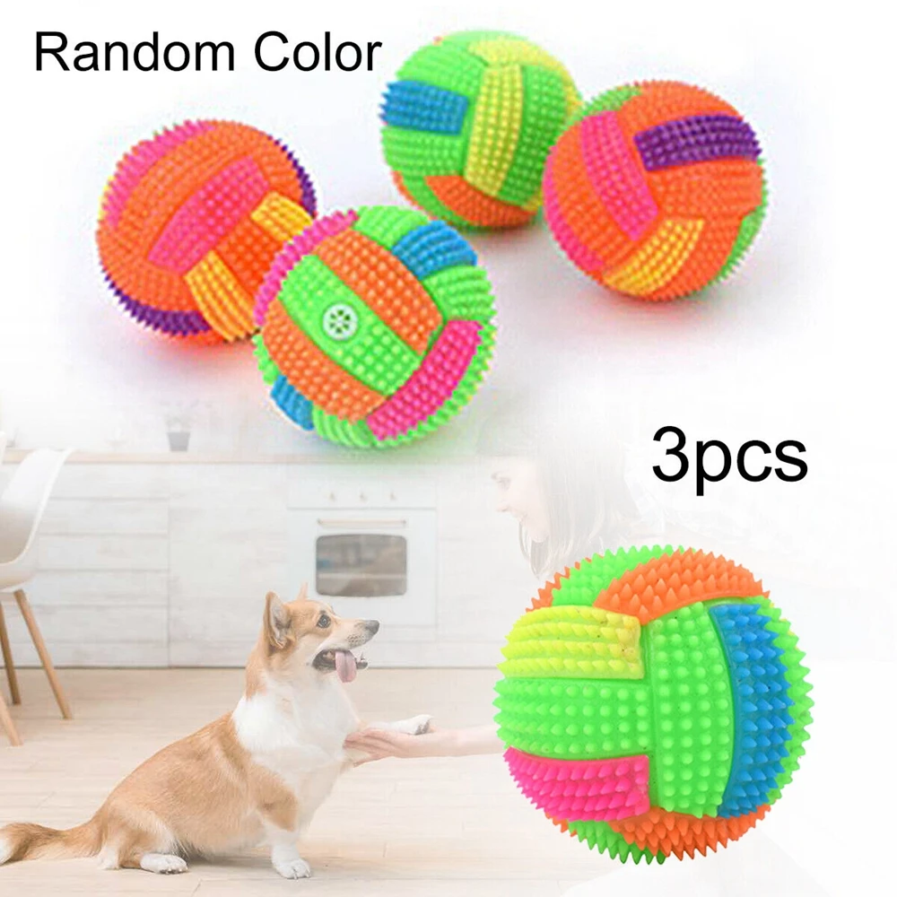 

3 X Pet Dog Training Ball Toys LED Light Up Flashing Play Chasing Bounce Rubber Squeaky Chew Spiky Massage Soccer Ball Toys