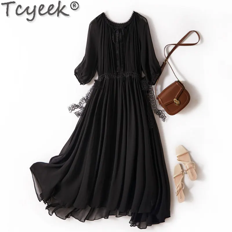 

Летнее женское платье Tcyeek, модель 2023 из натурального шелка тутового шелкопряда, элегантные платья для женщин, женская одежда