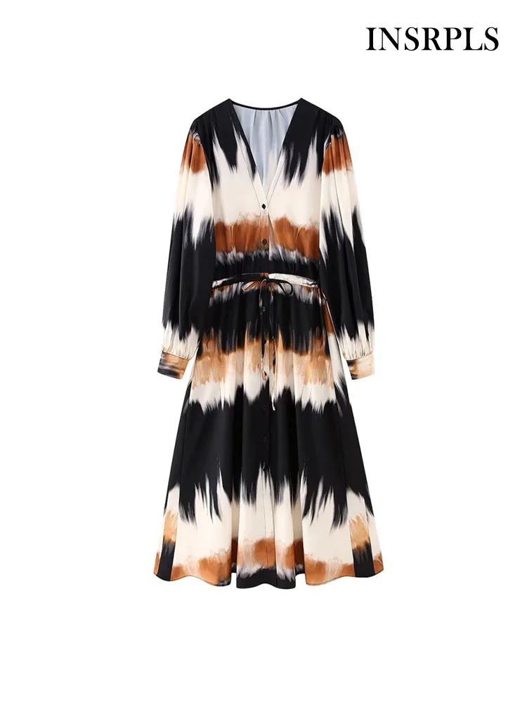 

Женское винтажное платье-миди с принтом, длинным рукавом и пуговицами спереди