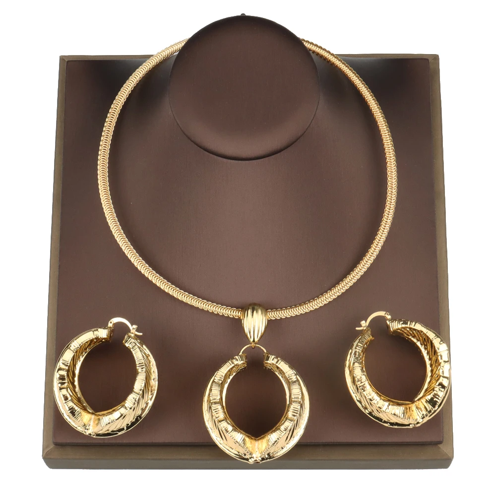 

Summer African Jewelry Sets for Women Round Earrings Pendant Necklace for Wedding Dress Copper Accessories Party Gift