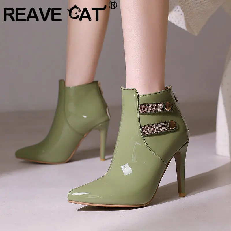 

REAVE CAT Patent Leather Women Ankle Boots Pointed Toe Thin High Heels 10cm Zipper Crysta Plus Size 48 49 50 Sexy Female Booty