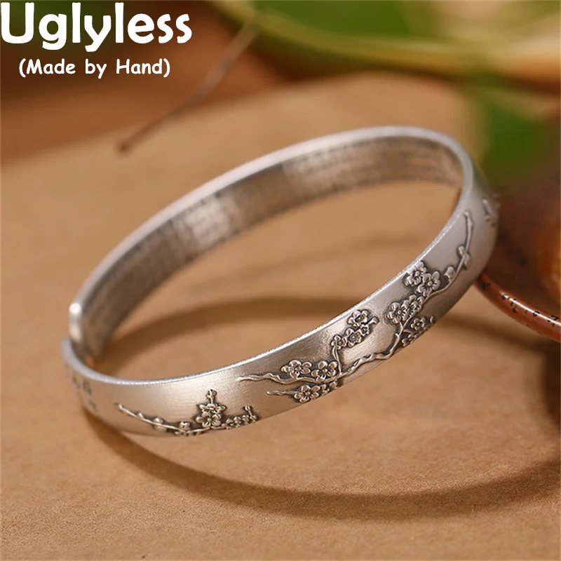 

Uglyless 100% Real 999 Full Silver Bangles for Women Buddhists Heart Sutra Open Bangles Embossed Plum Flowers Butterfly Jewelry