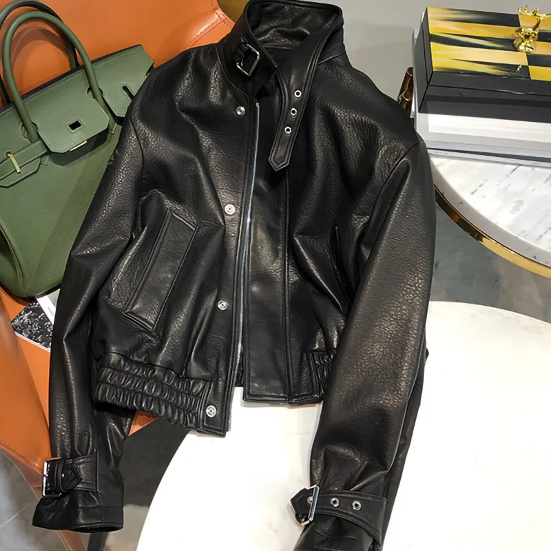 Women Genuine Sheepskin Leather Jackets Short Biker Coats Crop Motorcycle Overcoats Winter Fashion 2022 New Streetwear AEL4944