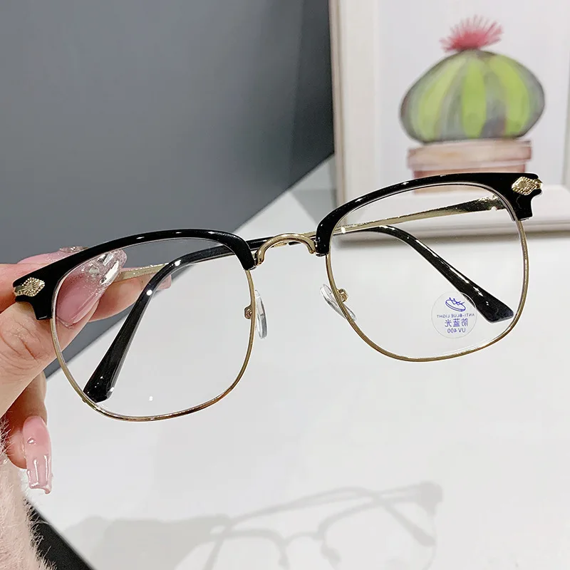 

Retro Half Metal Frame Glasses For Men Square Anti Blue Light Black Clear Lens Radiation Protection Optical Spectacle Eyeglasse