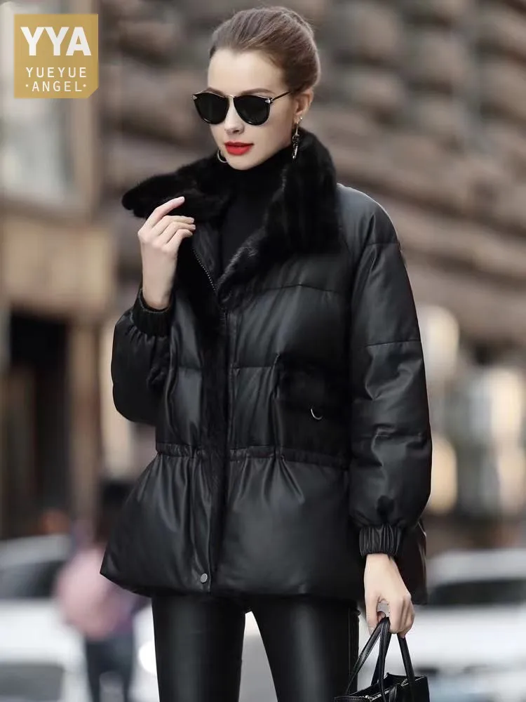 

Office Ladies Winter Mink Fur Collar White Duck Down Jacket Ajustable Waist Sheepskin Genuine Leather Jacket Women Warm Overcoat