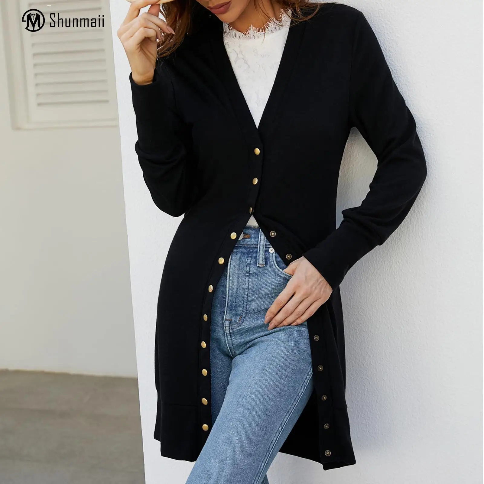 

Women Snaps Button Sweater Casual Elegant Soft Cardigan Solid Color Long Sleeve Open Front Shirt Outerwear for Female