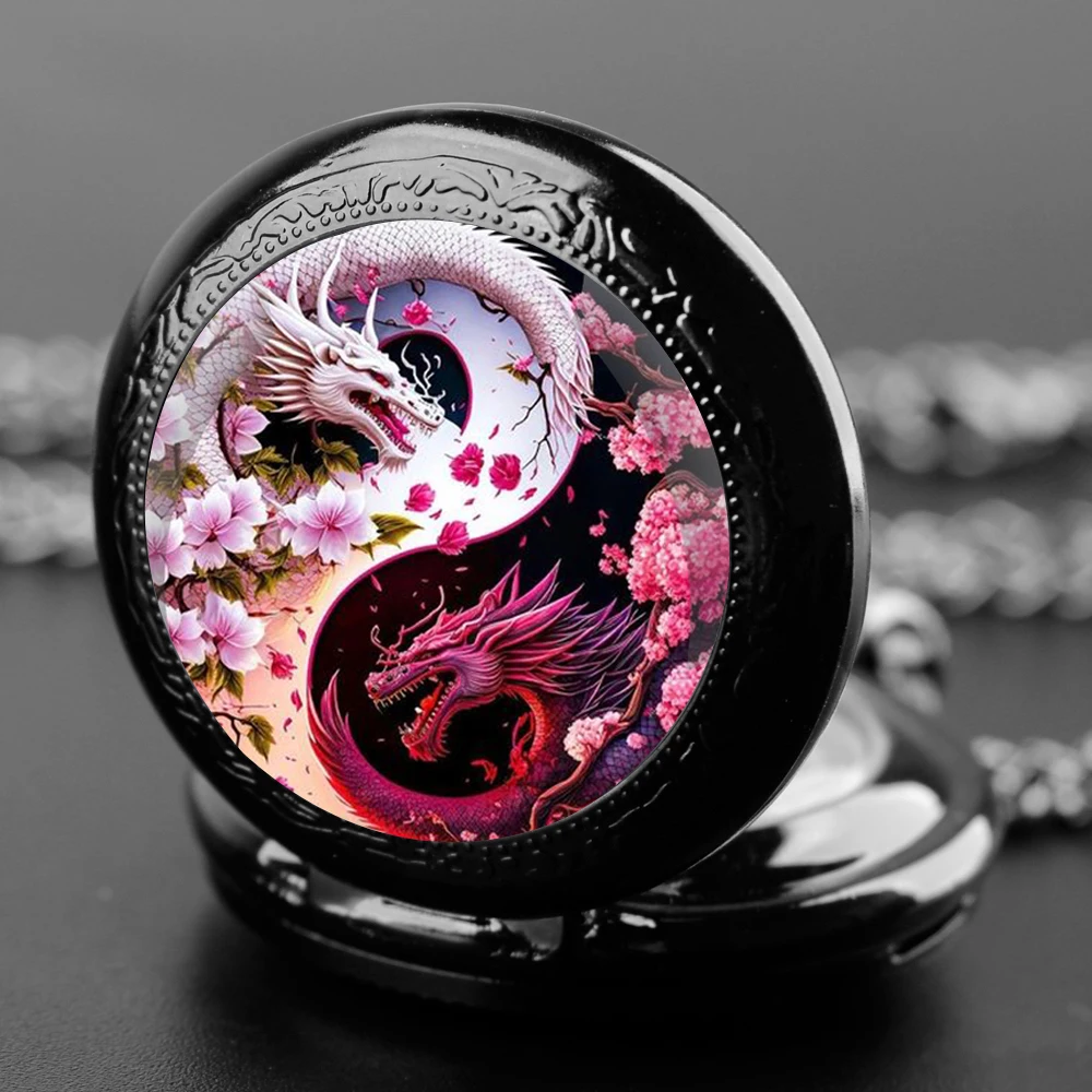 Креативные кварцевые карманные часы с розовым и белым драконом для женщин мужчин