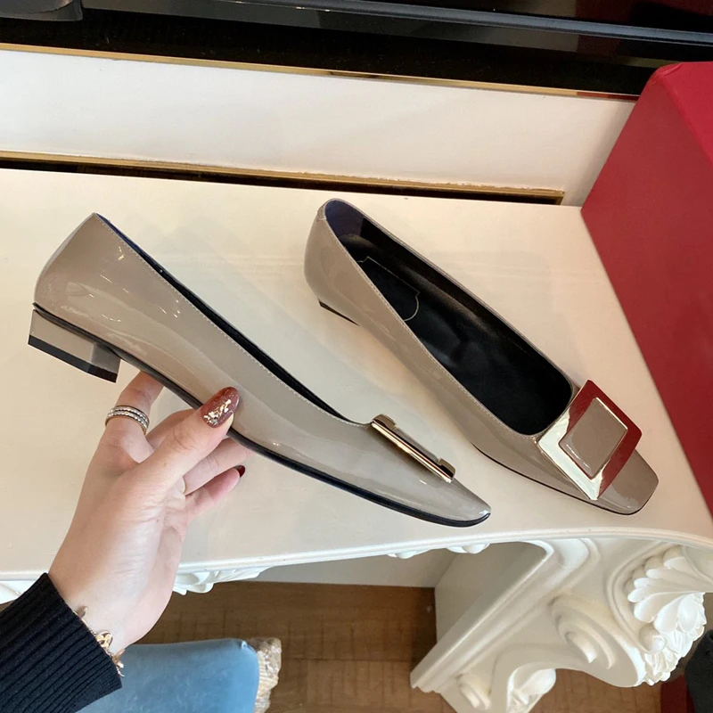 Net Red Patent Leather Square Buckle Single Shoes Women's Thick Heels, Medium Heels and Square Toe High Heels 2022 Spring New