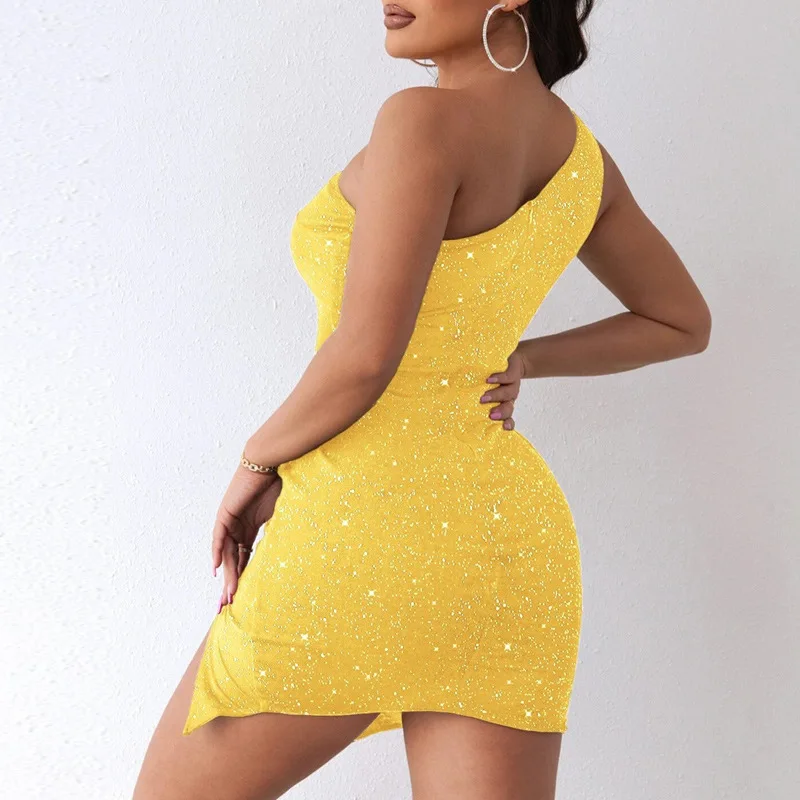 Women Mini Sequined Evening Party Dress  Hollow One Shoulder Sleeveless Slim Sexy Fashion Nightclub Cocktail Dresses