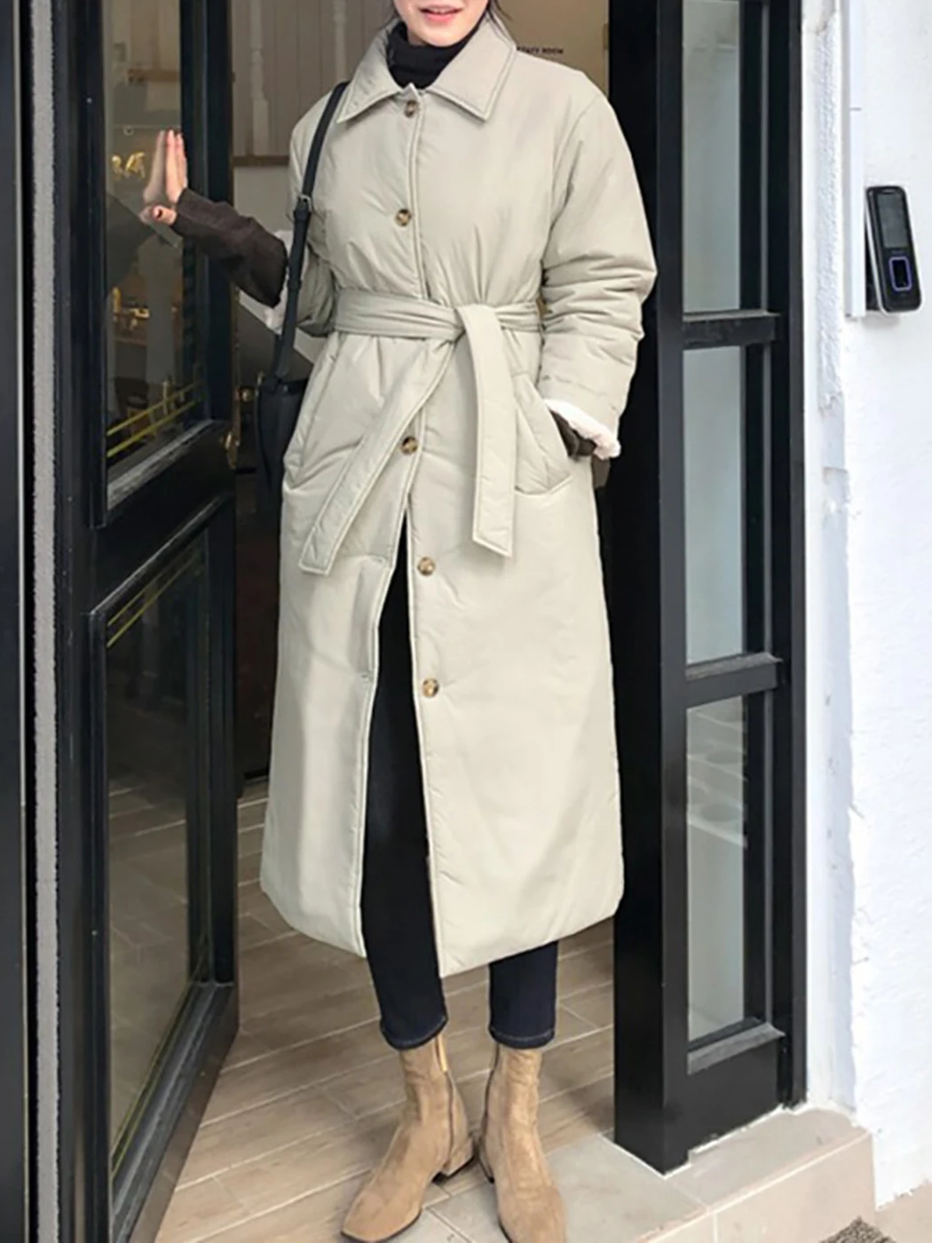 Fleece Long Warm Winter Coats For Women 2023 Fashion Solid Color Single Breasted Turndown Collar Jakcets Chic Retro Belt Parkas