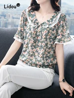 fashion fine floral patchwork top women summer new loose korean comfortable short sleeve elegance temperament chiffon shirt