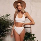 Сексуальный белый женский комплект бикини с высокой талией и V-образным вырезом