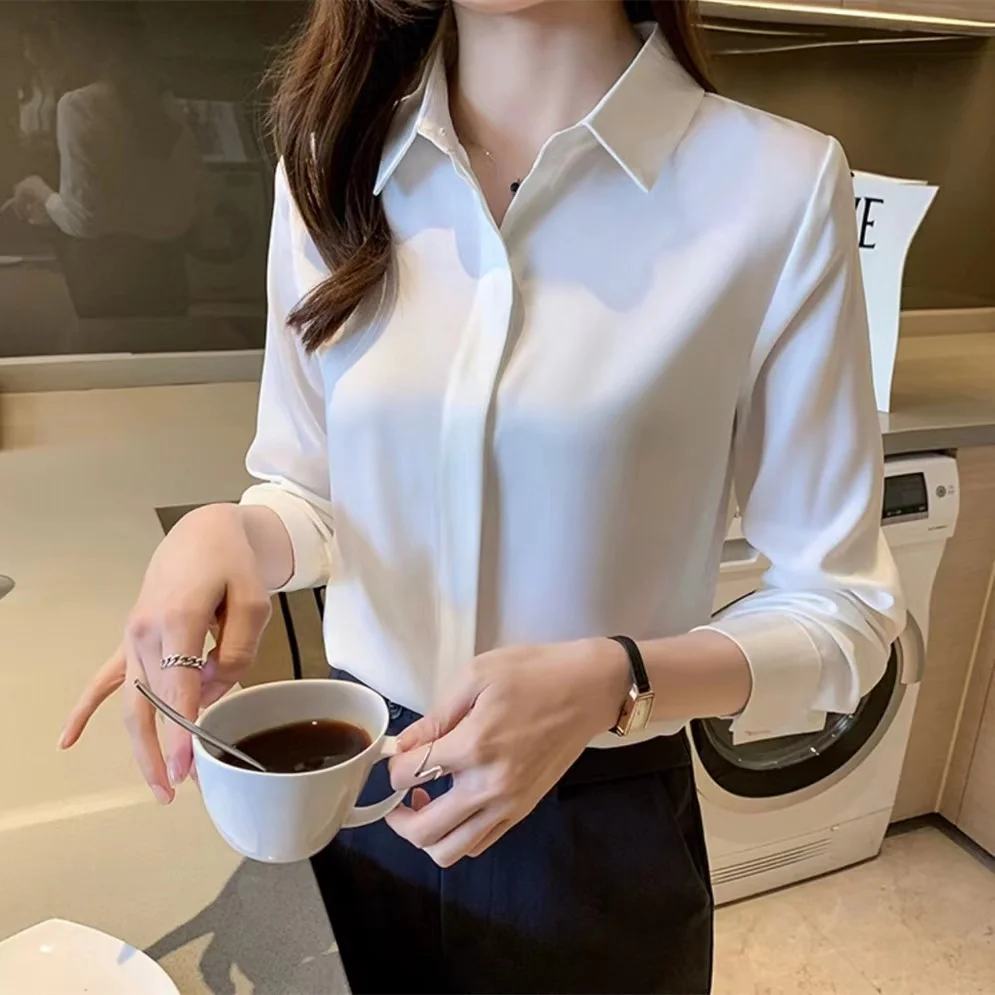 

2023 Wrinkle resistant satin long sleeved shirt for women's formal wear, professional high-end shirt, niche chiffon large size
