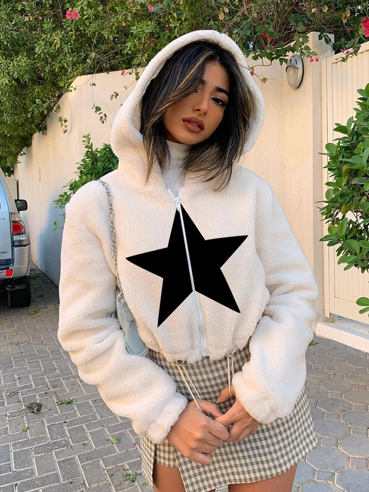 

WeiYao Star Pattern Fluffy Zip Up Crop Hooded Jackets For Women 2022 Autumn Winter Long Sleeve Streetwear Teddy Coats White