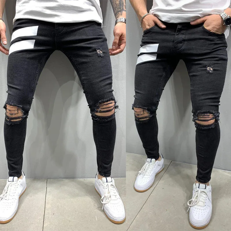 Men's Jeans Ripped Elastic Little Foot Slim Fit Fashion Hip Hop Male Denim Trousers Street Style Youth Cool Pants