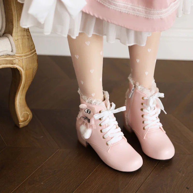 

Pink White Black Chunky Heel Lolita Shoes Butterfly-knot Hollow Lace Womens Cosplay Princess Court Vintage Winter Ankle Boots