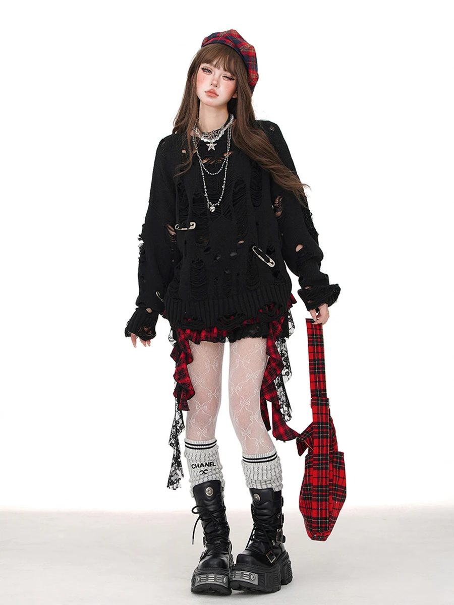 ReddaChic женский ажурный джемпер с большими булавками осенний однотонный длинными