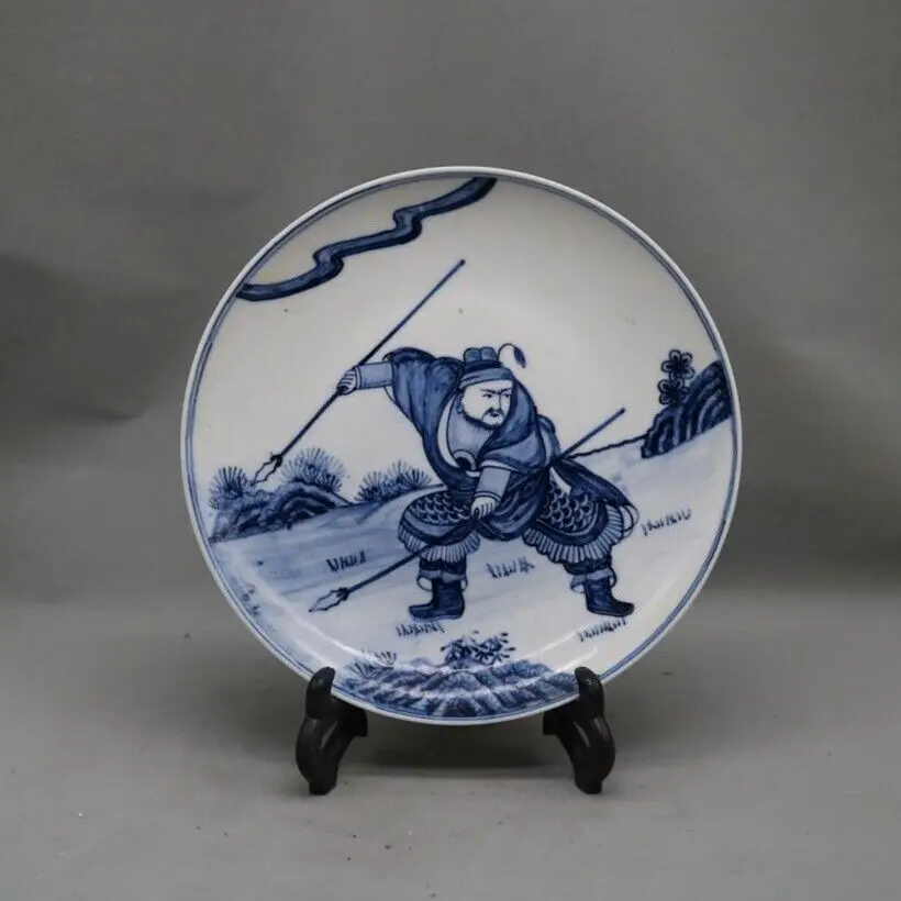 Old Chinese blue and white porcelain Hand Painted warrior pattern figure plate