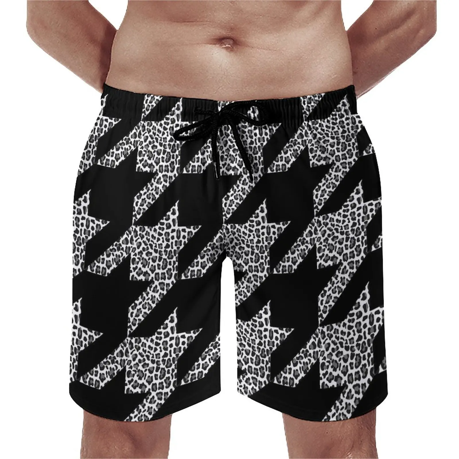 

Black Houndstooth Board Shorts Cheetah Print Funny Beach Shorts Males Print Oversize Swimming Trunks Gift Idea