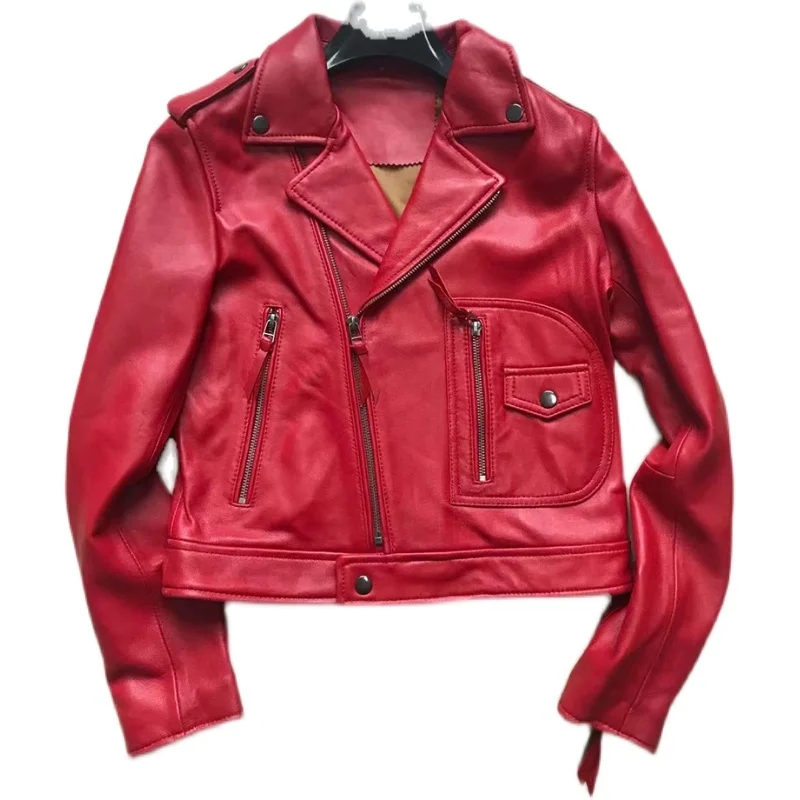 High Quality Leather Women Genuine Spring Autumn Jacket Ladies Red Solid Zipper Biker Coat Sheepskin Female Casual Outwear