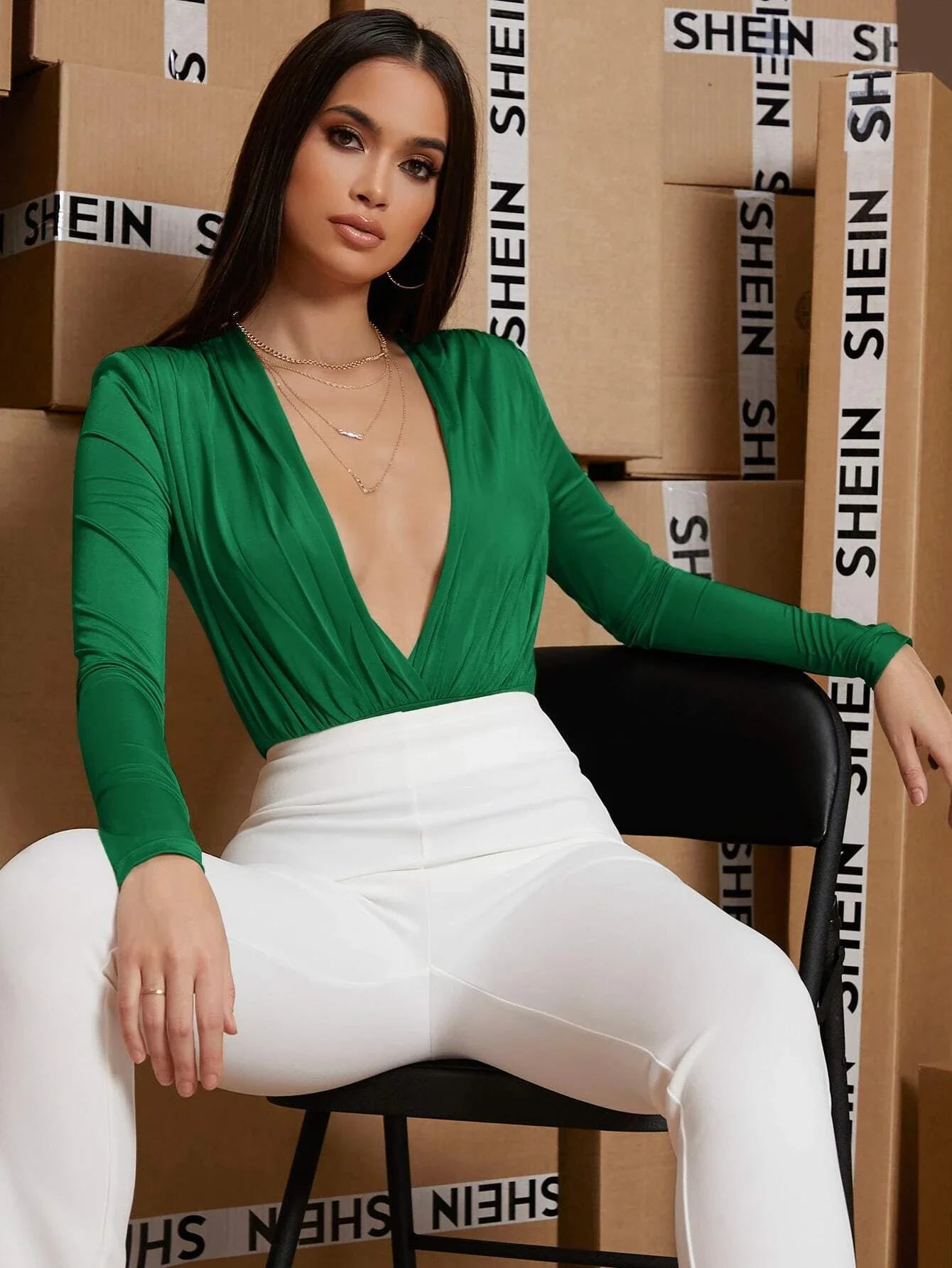 

Plunging Ruched Solid Bodysuit
