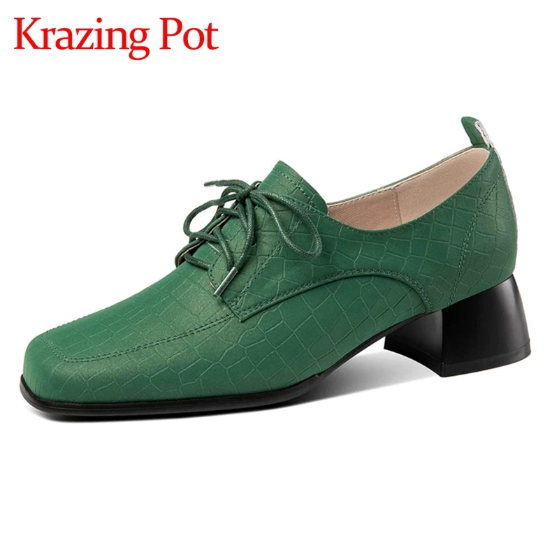 

Krazing Pot Big Size Natural Leather Square Toe Med Heel Brand Shoes Young Lady Streetwear Fashion Lace Up Basic Women Pumps L67
