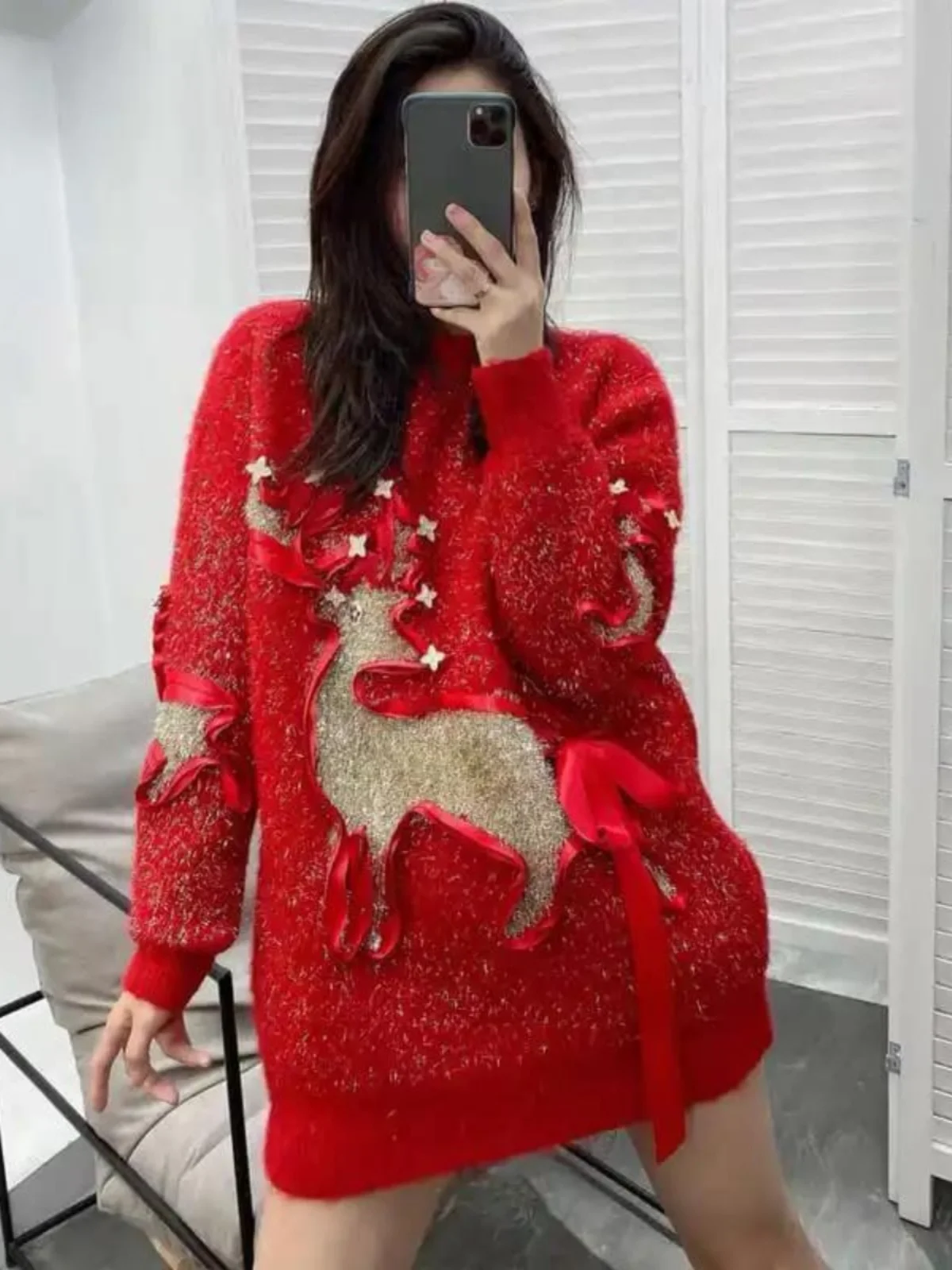 Рождественский свитер с изображением лося женский весенне-осенне-зимний яркий