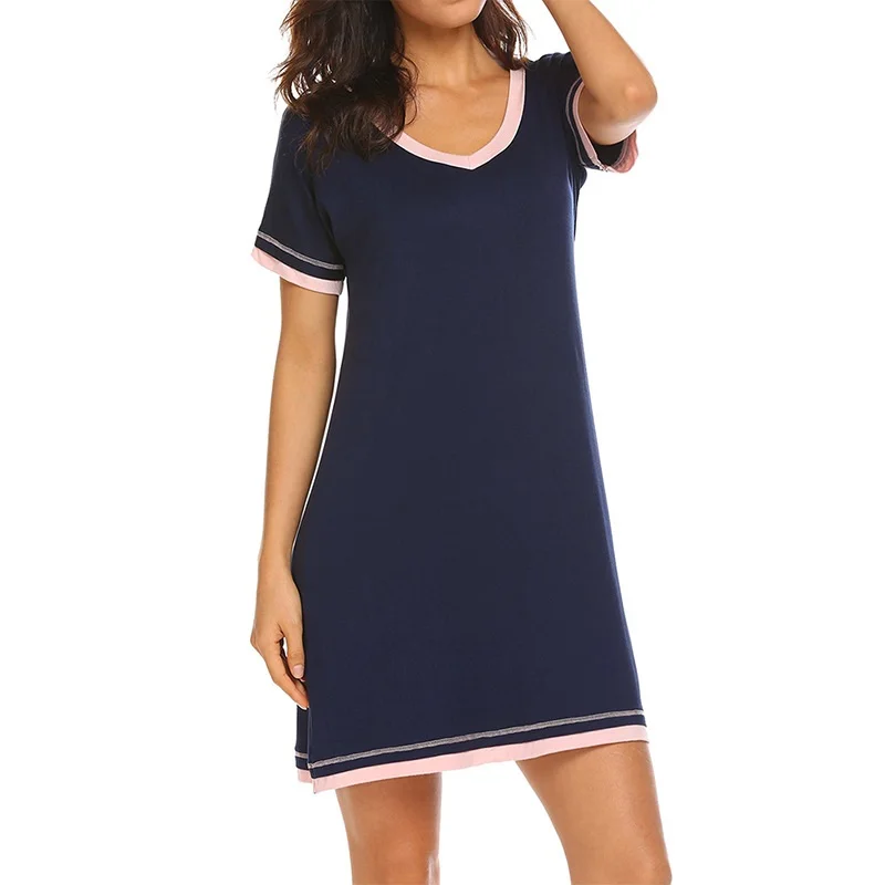Spring and Summer New Nightdress Comfortable Round Neck Loose Contrast Color Cotton Short-sleeved Home Service Night Dress