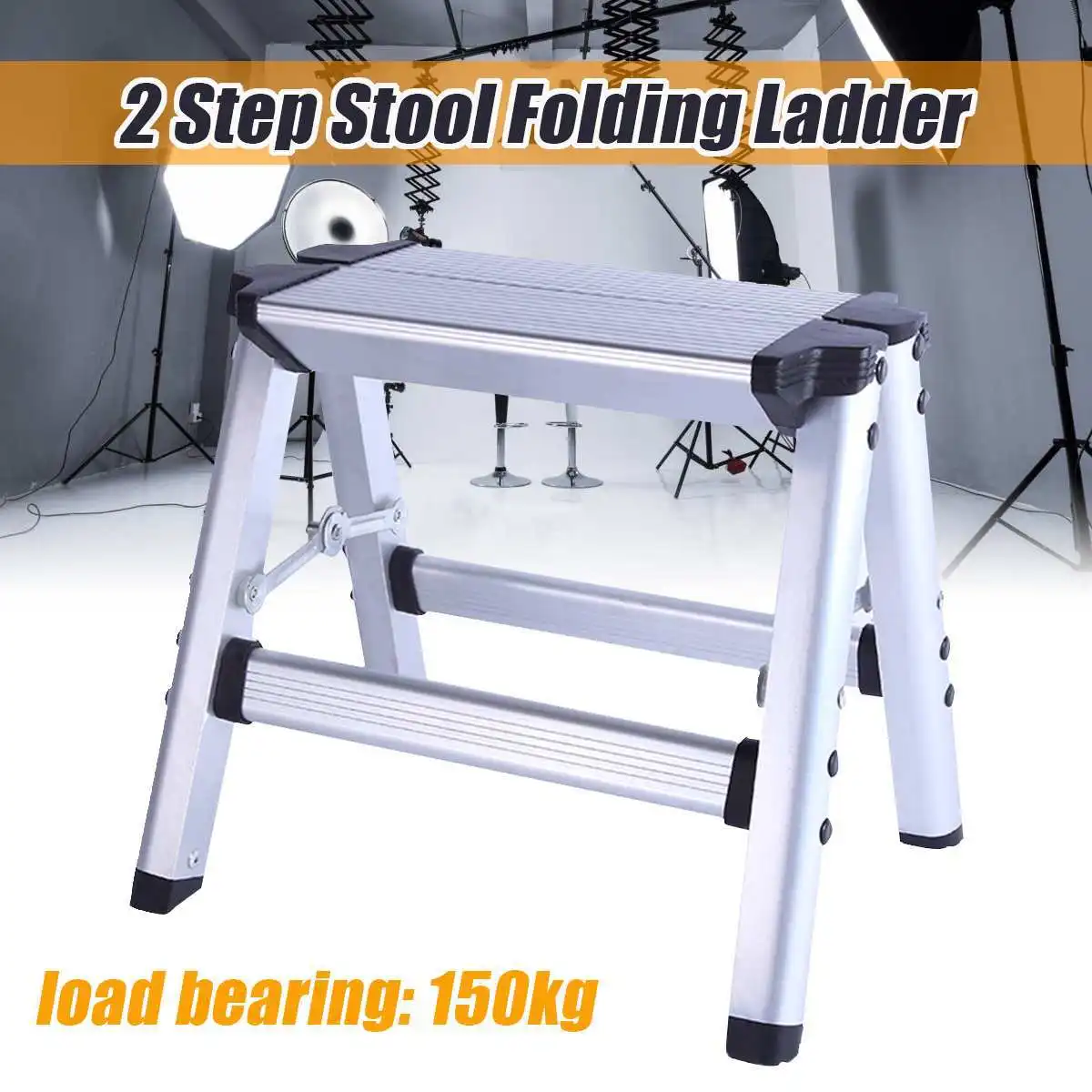 Aluminium Platform 2-Step Tool Folding Ladder Maximum 150KG Load Anti Slip Safety Double-sided with Thick Stairs