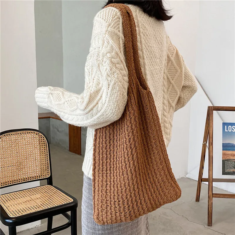 

Simple Wool Knitted Shoulder Shopping Bag For Women Vintage Fashion Polyester Girls Tote Shopper Bag Large Female Handbag