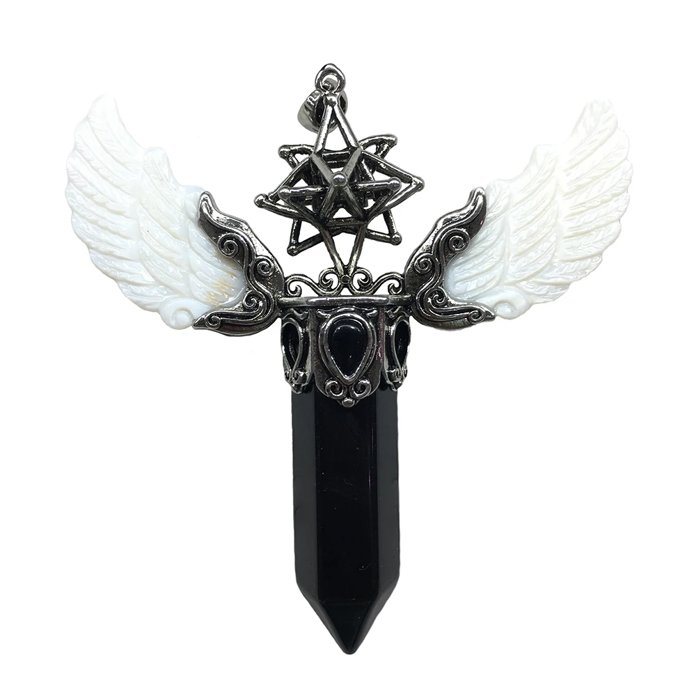 

1pc Antique Hexagonal Natural Stone Pendant Angel Wing Quartz Swing Tiger Eye Black Onyx Rose Amethyst Pendant