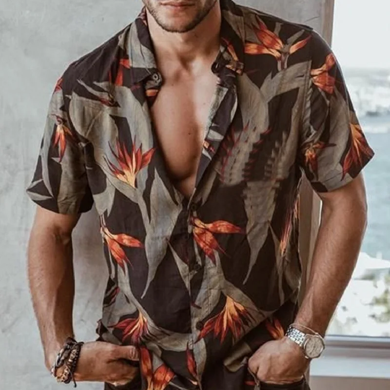 EUOW 2023 Fashion Summer Tops Casual Hawaiian Flower Lapel Short Sleeve Print Men's Losse Beach Shirt Breathable Streetwear