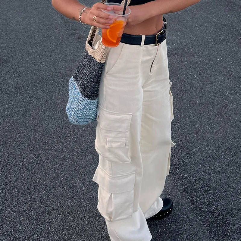 

Women Loose Cargo Pante Fashion Streetwear Long Trousers Denim Jeans Cool Solid White Straight Pants Bottom with Big Pockets
