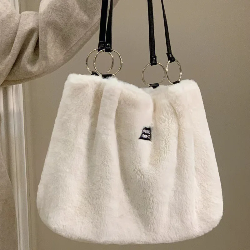 

Fashion Simple Large Handbags for Women Winter Faux Fur Ladies Shoulder Bag Casual Portable Female Soft Plush Casual Tote Bag