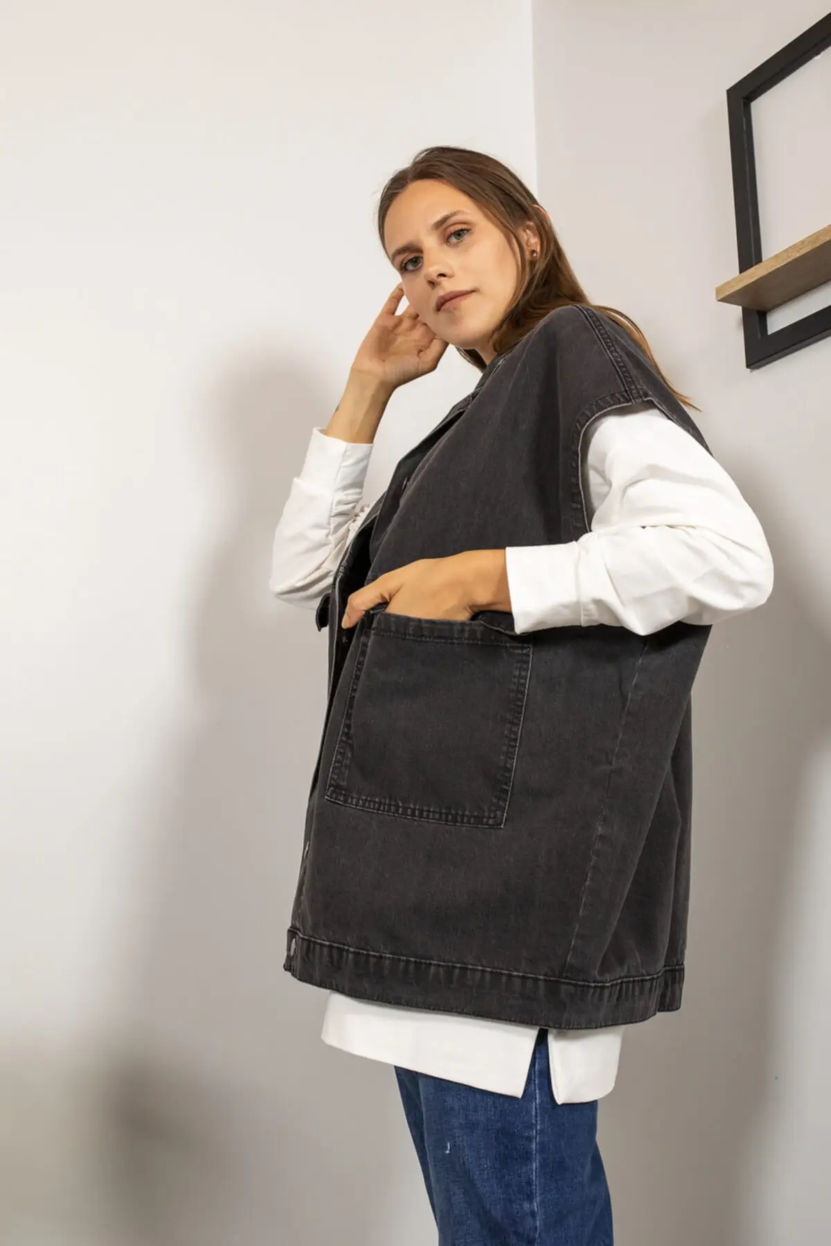 

Женская модная джинсовая куртка пальто джинсы черный жилет