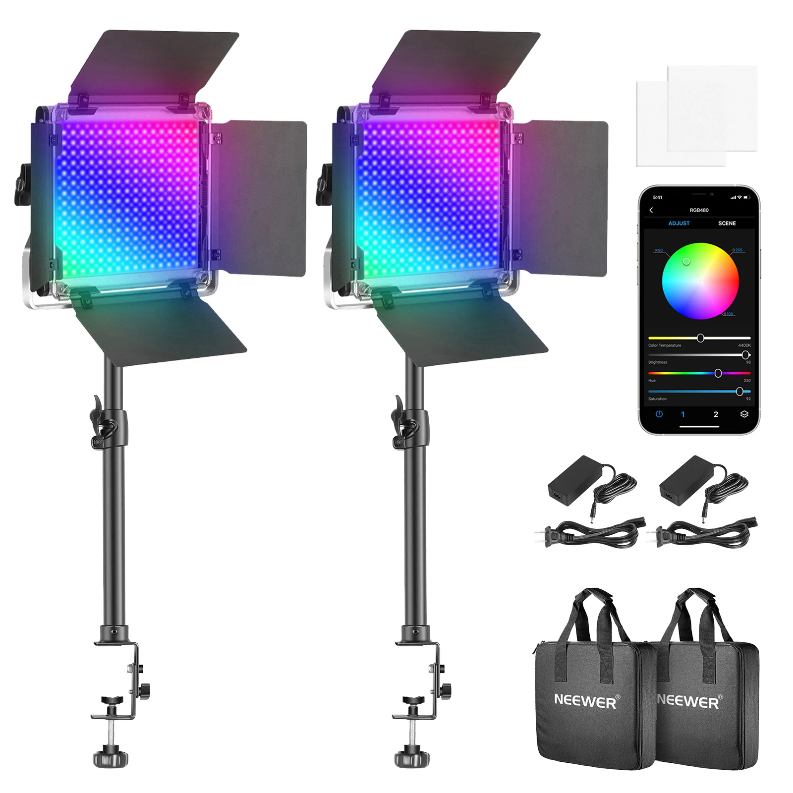 

Neewer 480 RGB Led Light with APP Control and 32-52CM Tabletop Clip Light Stand,480 LEDs 3200-5600K/Brightness Adjustable Colors