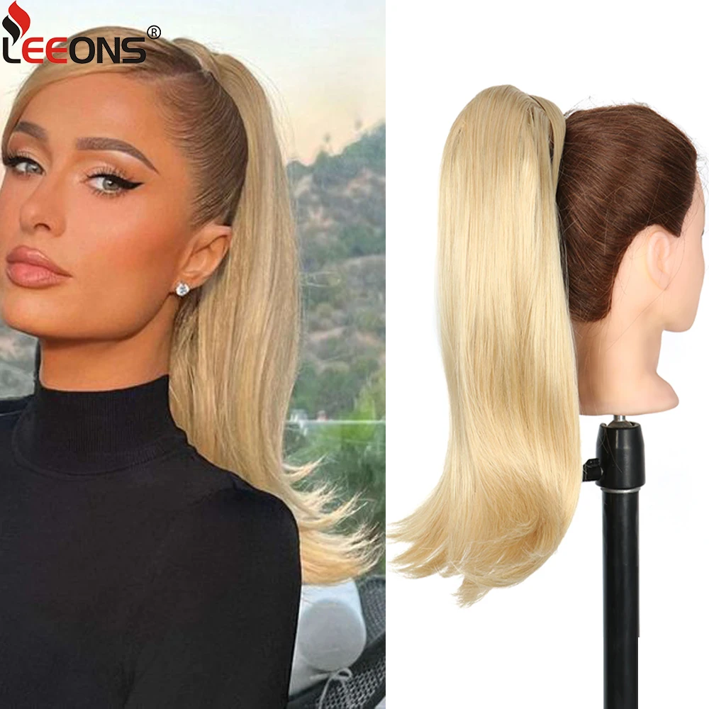 

Leeons Straight Ponytail Extension Warp Around Ponytail Fake Hair Piece 16Inch Clip In Pony Tails Synthetic Hairpieces For Women