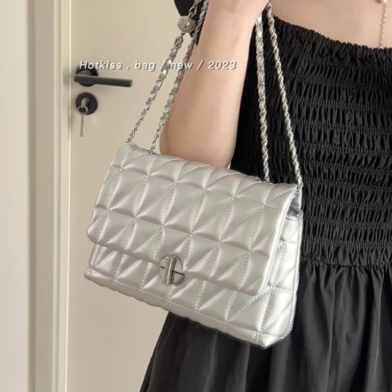 

Xiuya Elegant Vintage Handbags for Women Korean Style Diamond Plaid Chain Shoulder Bag 2023 Solid Color Fashion New Underarm Bag