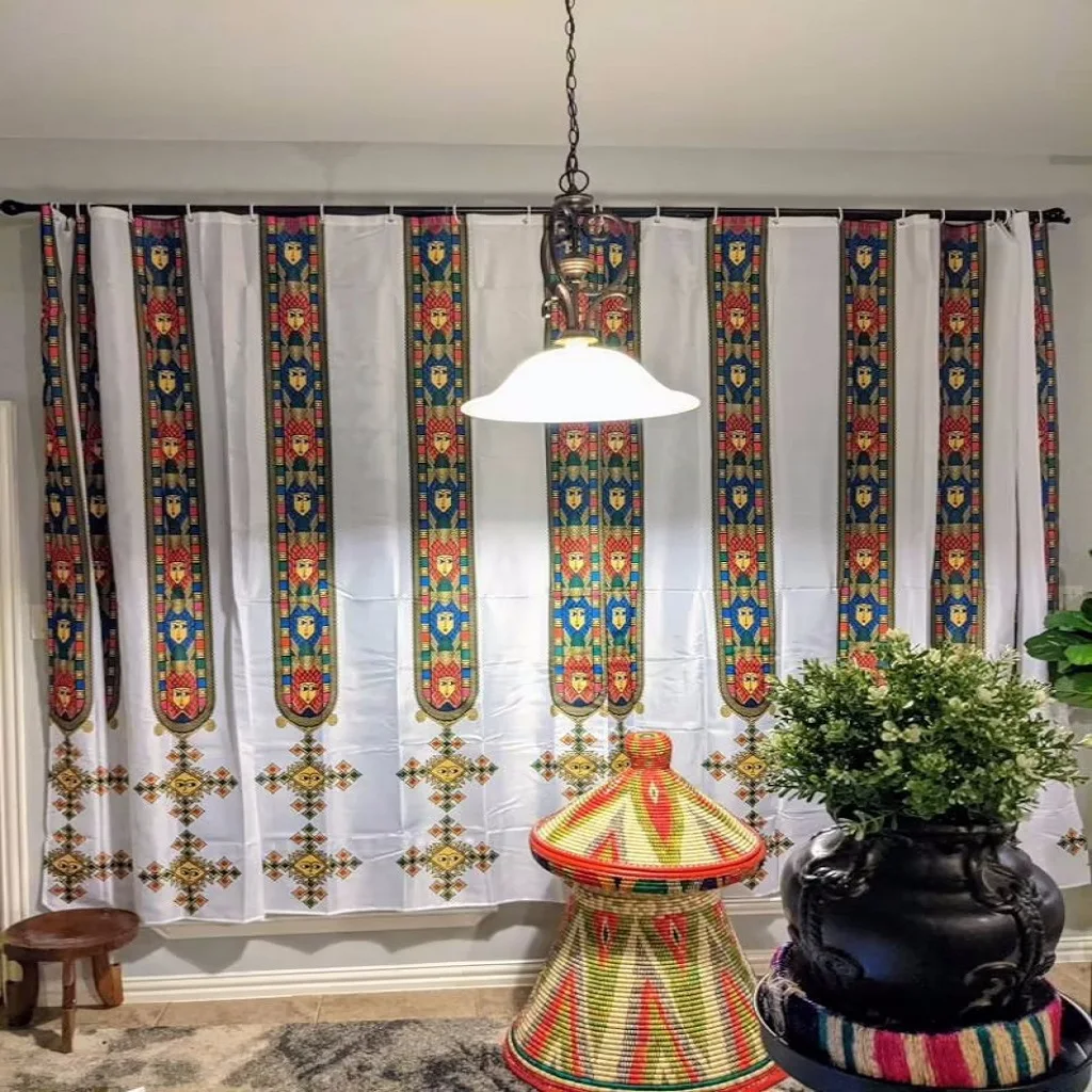 

2023 Traditional Culture Ethiopian and Eritrean Window Curtains for Living Room Saba and Telet 2 Piece Polyester Fabric Cortinas