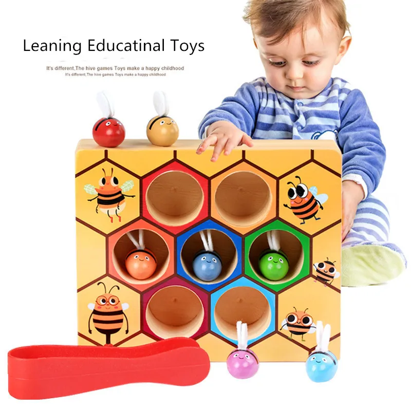 

Wooden Children Montessori Early Education Beehive Game Leaning Educatinal Toys Childhood Color Cognitive Clip Small Bee Toys